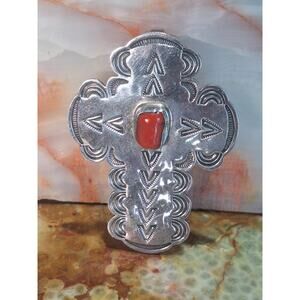 Ben Yazzie Sterling Silver Natural Coral Cross Pendant Navajo Signed 24g Amazing